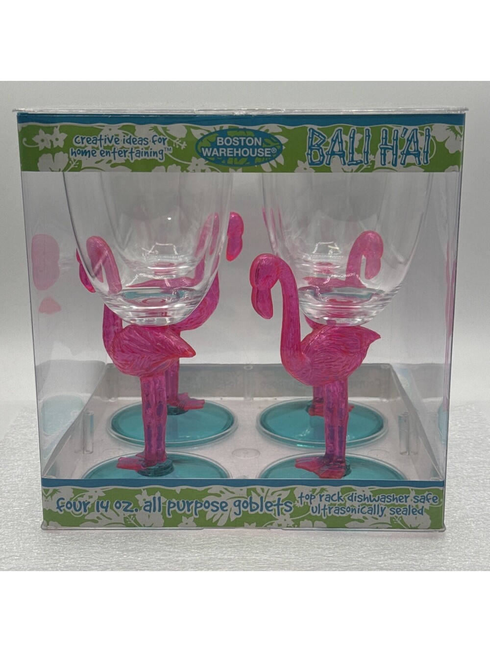 Set 4 Boston Warehouse FLAMINGO Bali Hai 14oz 8” Wine Goblets Plastic Glasses